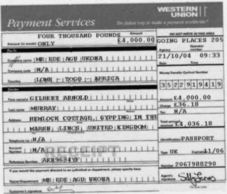 A forged Western Union receipt