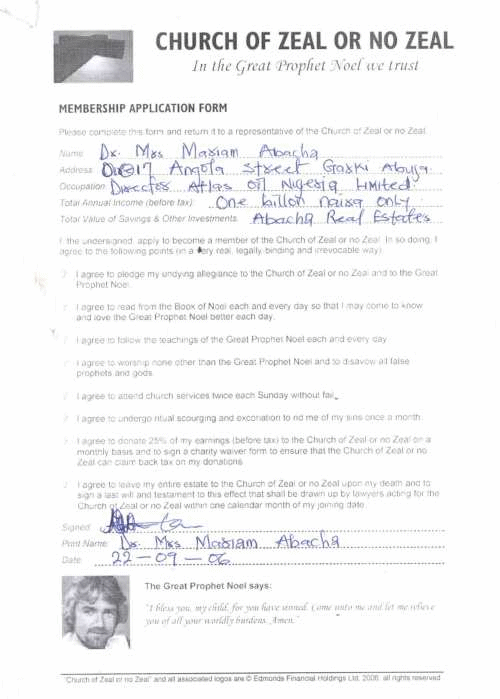 A completed Church of Zeal or no Zeal application form