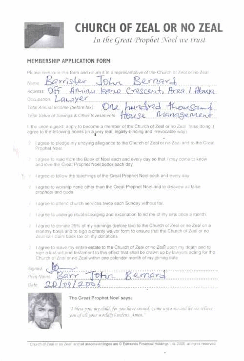 A completed Church of Zeal or no Zeal application form
