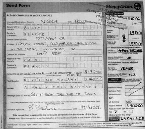 A forged MoneyGram receipt