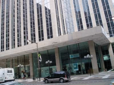 A photograph of a modern office block