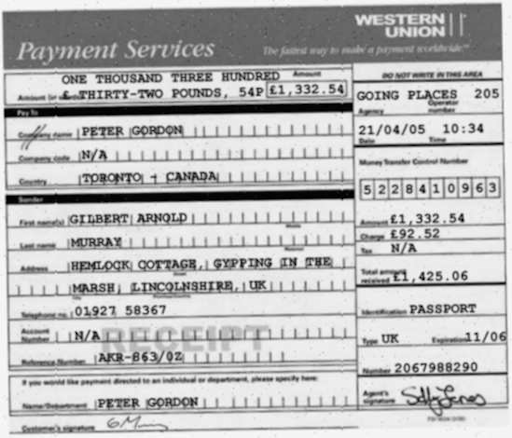 A forged Western Union receipt