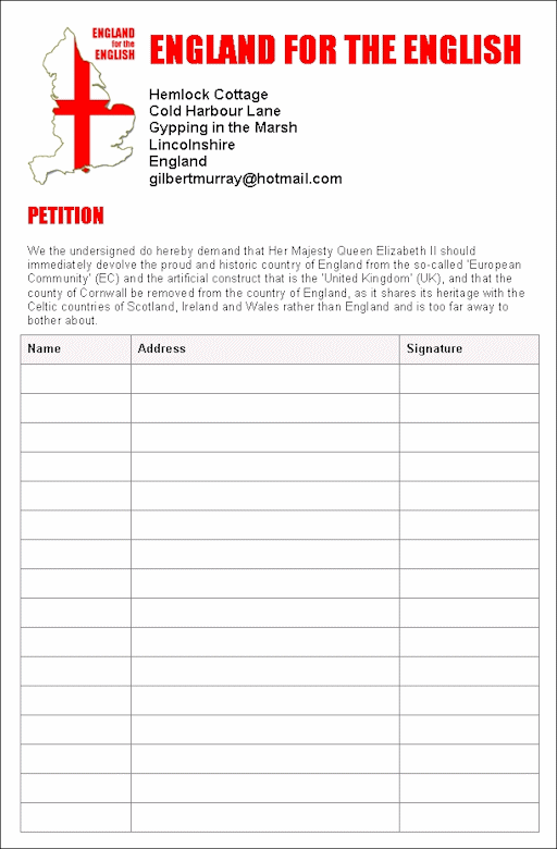 A petition to have Cornwall removed from England