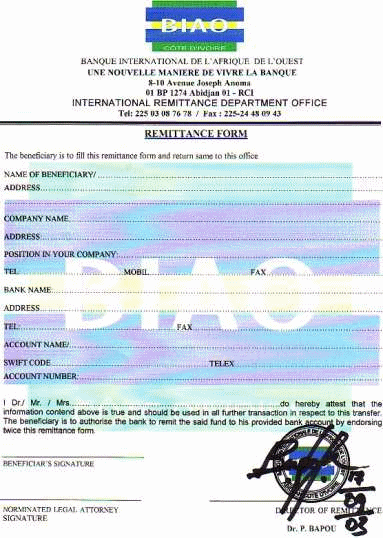 A forged bank remittance form