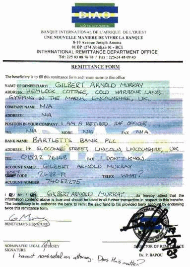A completed forged remittance form
