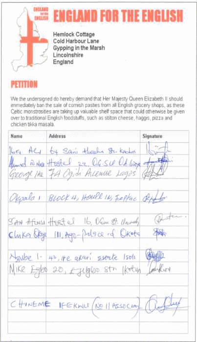 A completed petition asking that Cornish pasties be withdrawn from sale in England