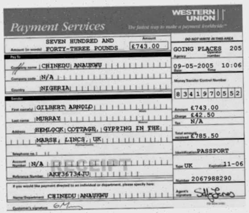 A forged Western Union receipt