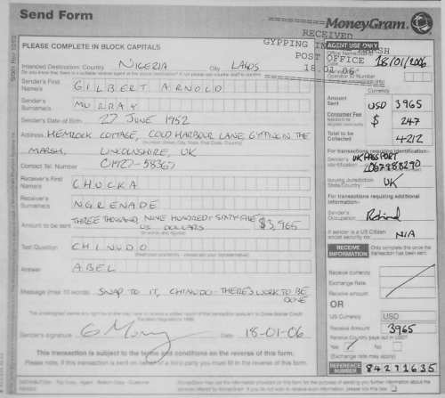 A forged MoneyGram receipt