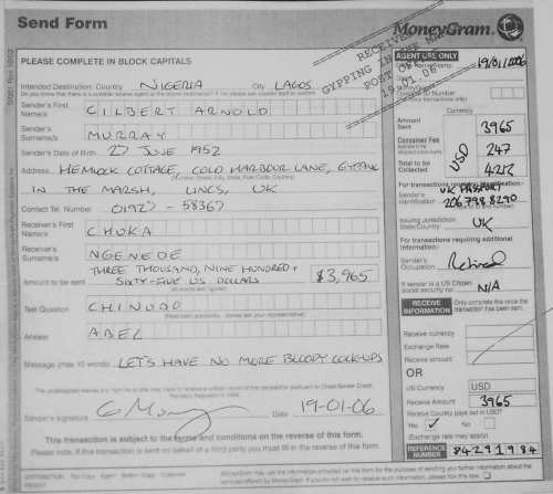 A forged MoneyGram receipt