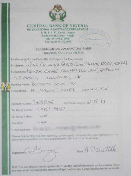 A completed non-residential contractors' form